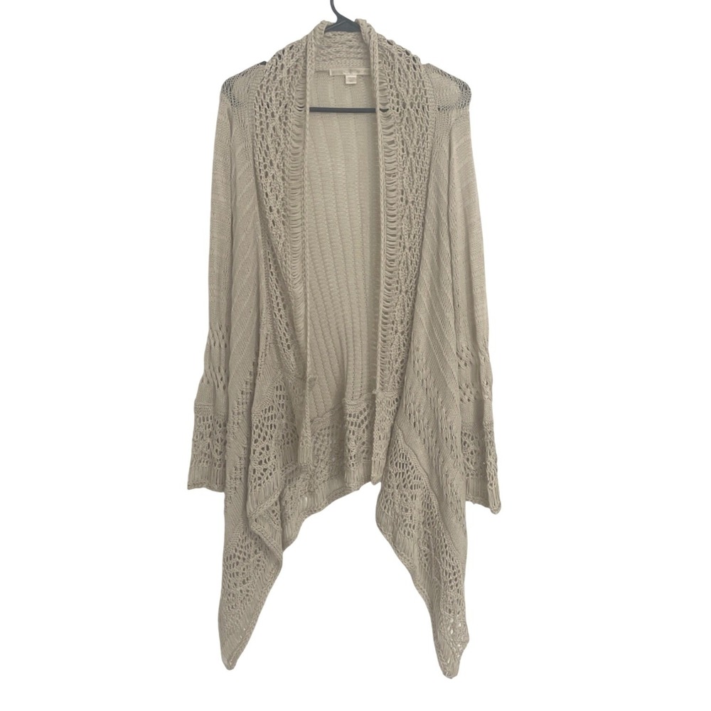 Boston Proper Womens Cardigan Open Knit Crochet Sharkbite M Tan Boho Coastal